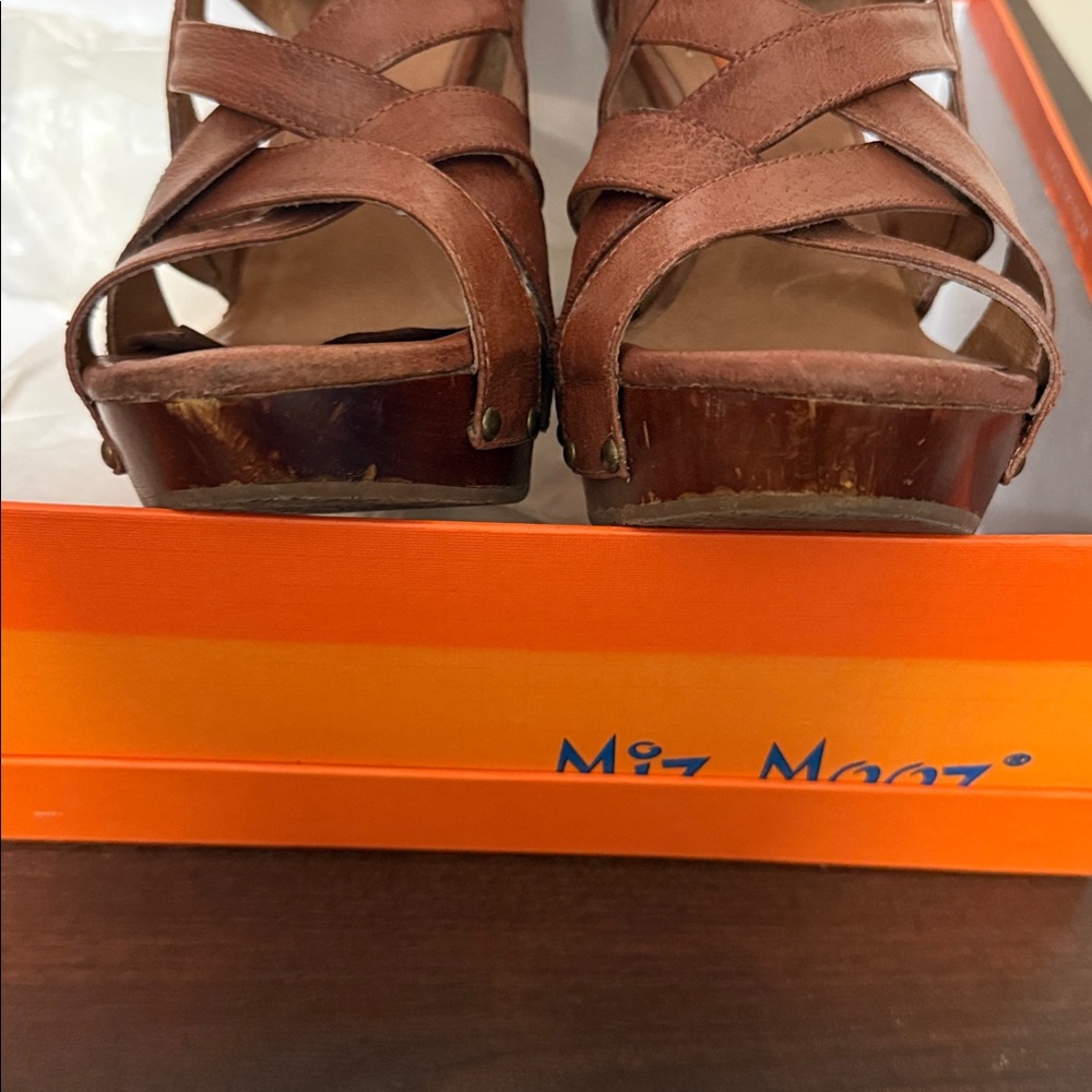 Miz Mooz Kay Cognac Leather Strappy Cork Wood Wedge Sandals Brown Womens - Picture 11 of 12
